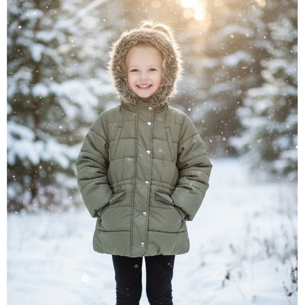 Carters Puffer Jacket Faux‎ Fur Hooded Kids Size L/6X Olive Green Winter Outdoor